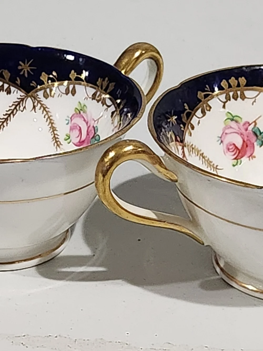 Antique Grosvenor China Bouillon Cups Pair Cobalt Blue Gold Rose 1920s Jackson G